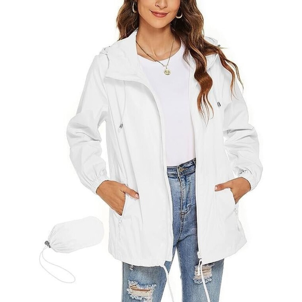 Lightweight Waterproof Breathable White Active Windbreaker with Pocket (Large)